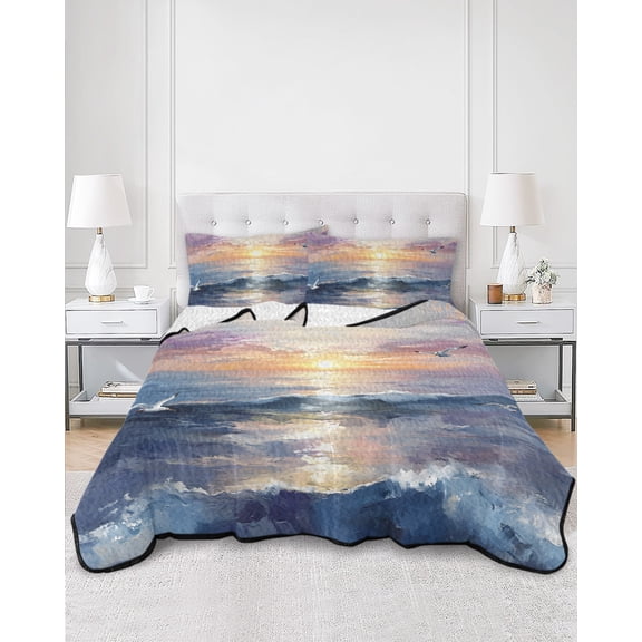 Twin Quilt Bedding Set Ocean Sunset Scene Oil Painting Summer Quilt Lightweight Quilted Coverlet with 2 Pillow Shams, Marine Beach Seagull 3-Piece Bedspread Quilt Set for All Season