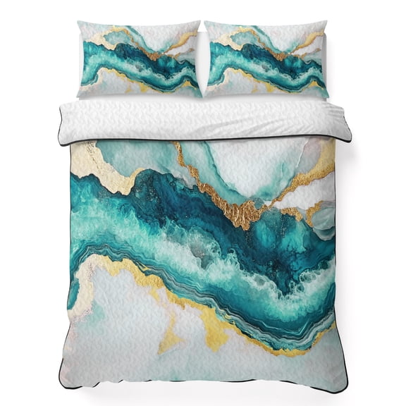 Twin Quilt Bedding Set, Ombre Turquoise Marble Texture Soft Microfiber Summer Bedspread Coverlet with 2 Pillow Shams for All Season, Abstract Watercolor Wavy Breathable Bedding Set for Hot Sleepers