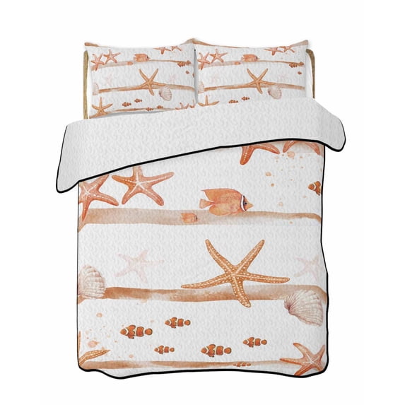 Twin Quilt Bedding Set, Orange Coastal Starfish Reversible Summer Quilt 3 Pieces, Summer Conch Sea Fish Stripes Lightweight Bedspreads Coverlets with 2 Pillow Shams for All Seasons