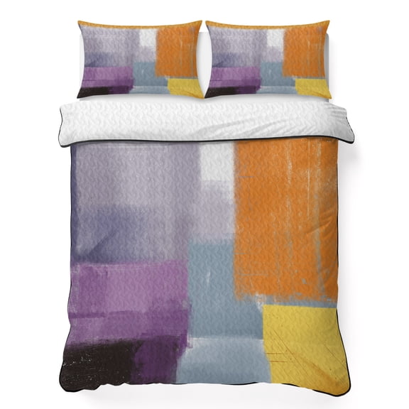 Twin Quilt Bedding Set, Orange Oil Painting Gradient Abstract Geometric Soft Microfiber Summer Bedspread Coverlet with 2 Pillow Shams, Purple Color Block Breathable Bedding Set for Hot Sleepers