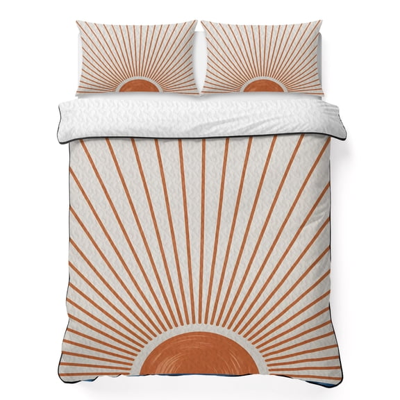 Twin Quilt Bedding Set, Orange Sun Lines Soft Microfiber Summer Bedspread Coverlet with 2 Pillow Shams for All Season, Abstract Bohemian Sunset Breathable Bedding Set for Hot Sleepers