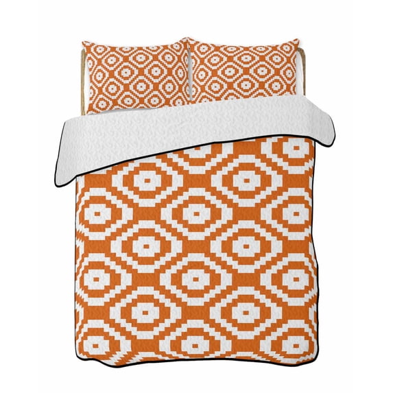 Twin Quilt Bedding Set, Orange White Geometric Reversible Summer Quilt 3 Pieces, Modern Abstract Art Lightweight Bedspreads Coverlets with 2 Pillow Shams for All Seasons