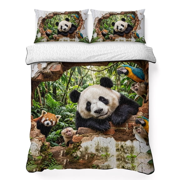 Twin Quilt Bedding Set Panda Red Panda Funny Animal Breathable Summer Cooling Blanket for Hot Sleepers, Summer Green Leaves Lightweight Soft Bedding Set with 2 Pillow Shams for All Season