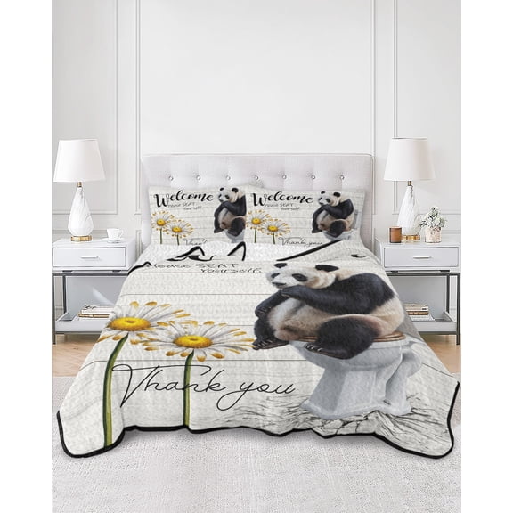 Twin Quilt Bedding Set Panda Sitting on The Toilet Summer Quilt Lightweight Quilted Coverlet with 2 Pillow Shams, Farm Flower Retro Wood Grain 3-Piece Bedspread Quilt Set for All Season
