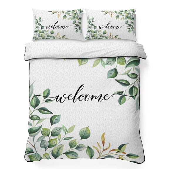 Twin Quilt Bedding Set Pastoral Green Eucalyptus Leaves Breathable Summer Cooling Blanket for Hot Sleepers, Welcome Text Lightweight Soft Bedding Set with 2 Pillow Shams for All Season