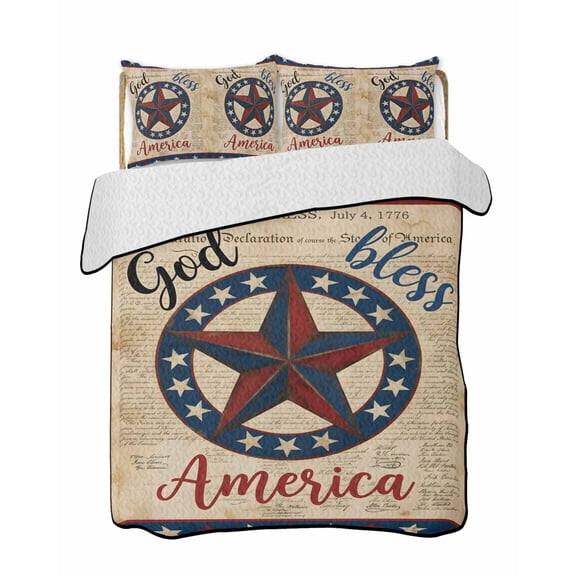 Twin Quilt Bedding Set, Pastriotic USA Flag Reversible Summer Quilt 3 Pieces, Texas Star Vintage Brown 4th of July Lightweight Bedspreads Coverlets with 2 Pillow Shams for All Seasons