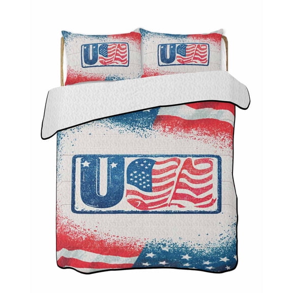 Twin Quilt Bedding Set, Patriotic 250 Reversible Summer Quilt 3 Pieces, Blue Red American Flag Memorial Cream Wood Lightweight Bedspreads Coverlets with 2 Pillow Shams for All Seasons