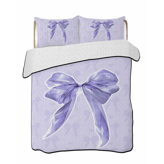 Twin Quilt Bedding Set, Purple Bow Reversible Summer Quilt 3 Pieces, Cute Bowknot Simple Pure Color Lightweight Bedspreads Coverlets with 2 Pillow Shams for All Seasons