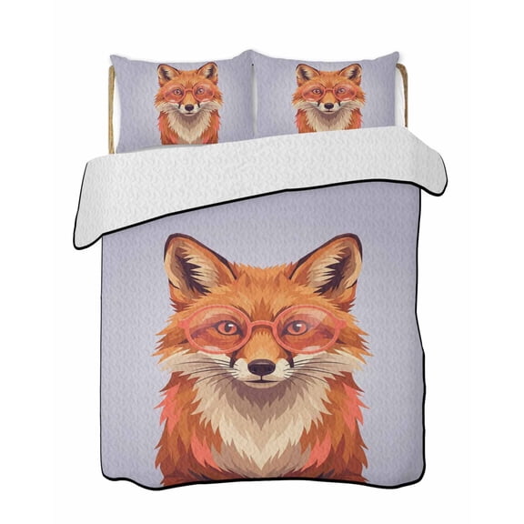 Twin Quilt Bedding Set, Purple Fox Reversible Summer Quilt 3 Pieces, Funny Animals Modern Art Lightweight Bedspreads Coverlets with 2 Pillow Shams for All Seasons