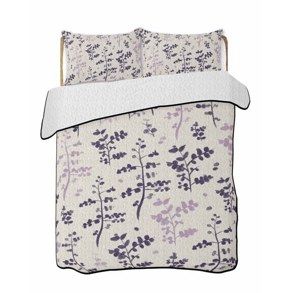 Twin Quilt Bedding Set, Purple Pink Botanical Reversible Summer Quilt 3 Pieces, Rustic Country Spring Floral Summer Leaf Lightweight Bedspreads Coverlets with 2 Pillow Shams for All Seasons