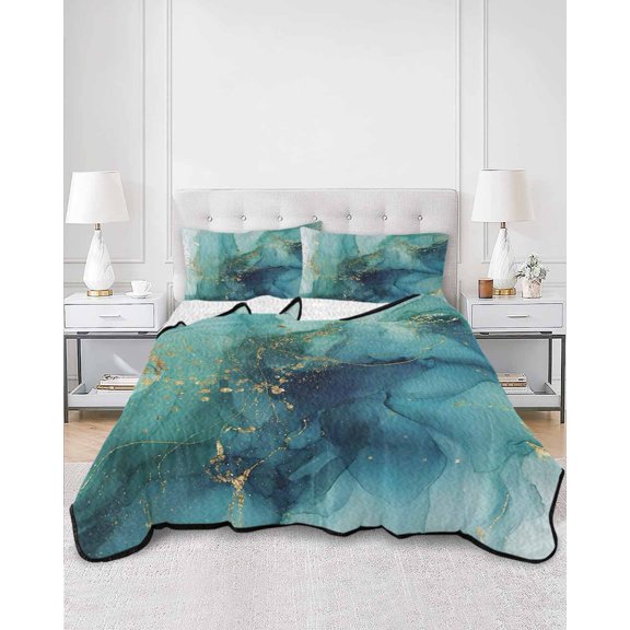Twin Quilt Bedding Set Rattail Green Marble Texture Summer Quilt Lightweight Quilted Coverlet with 2 Pillow Shams, Gold Blue Gradient 3-Piece Bedspread Quilt Set for All Season