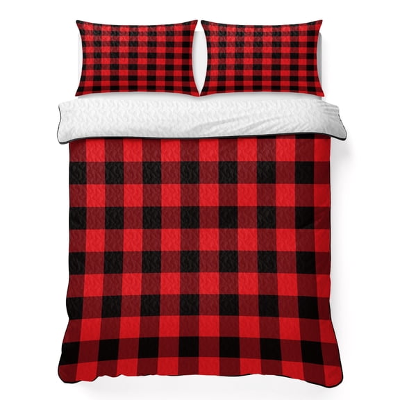 Twin Quilt Bedding Set, Red Black Buffalo Lattice Soft Microfiber Summer Bedspread Coverlet with 2 Pillow Shams for All Season, Classic Modern Plaid Breathable Bedding Set for Hot Sleepers