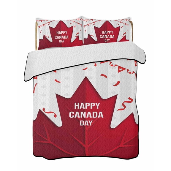 Twin Quilt Bedding Set, Red Canada Day Reversible Summer Quilt 3 Pieces, Modern Abstract Art Leaves Lightweight Bedspreads Coverlets with 2 Pillow Shams for All Seasons