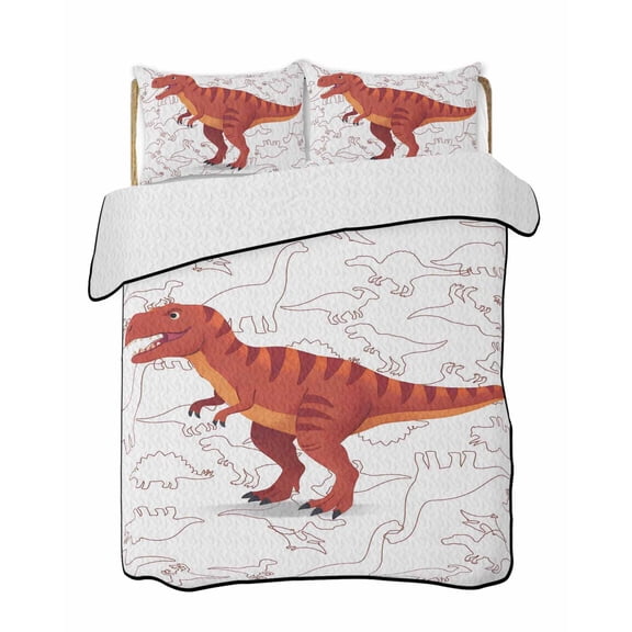 Twin Quilt Bedding Set, Red Dinosaur Reversible Summer Quilt 3 Pieces, Cartoon Abstract Animals Cute Lightweight Bedspreads Coverlets with 2 Pillow Shams for All Seasons