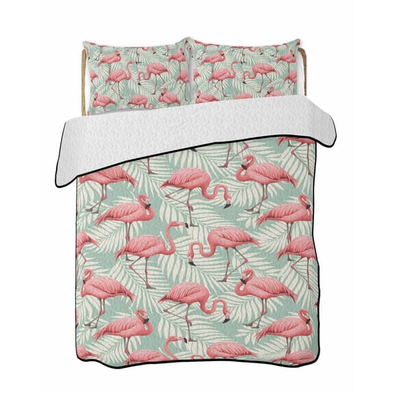 Twin Quilt Bedding Set, Red Flamingo Reversible Summer Quilt 3 Pieces, Summer Tropical Plants Leaves Botanical Green Lightweight Bedspreads Coverlets with 2 Pillow Shams for All Seasons