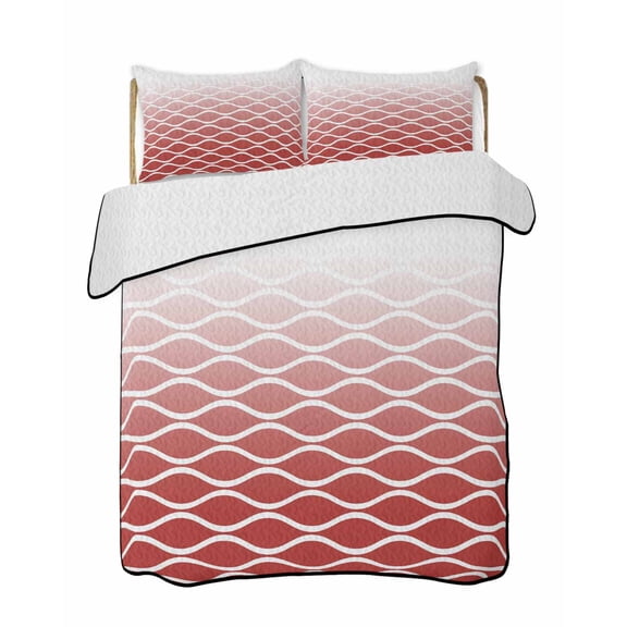 Twin Quilt Bedding Set, Red Striped Reversible Summer Quilt 3 Pieces, Modern Abstract Ombre Geometric Morocco Lightweight Bedspreads Coverlets with 2 Pillow Shams for All Seasons