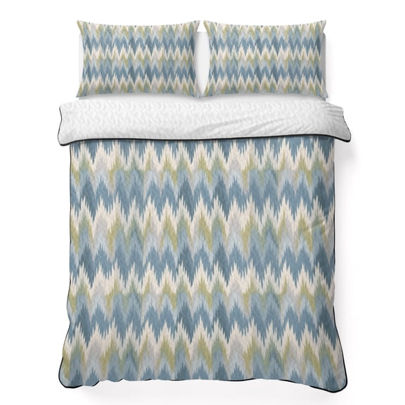 Twin Quilt Bedding Set Retro Blue Green Zigzag Chevron Breathable Summer Cooling Blanket for Hot Sleepers, Southwest Ethnic Style Lightweight Soft Bedding Set with 2 Pillow Shams for All Season
