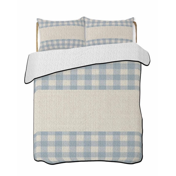 Twin Quilt Bedding Set, Retro Blue Reversible Summer Quilt 3 Pieces, Farmhouse Buffalo Plaid Vintage Beige Lightweight Bedspreads Coverlets with 2 Pillow Shams for All Seasons