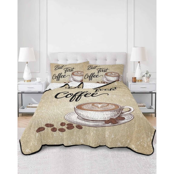 Twin Quilt Bedding Set Retro Coffee Theme Summer Quilt Lightweight Quilted Coverlet with 2 Pillow Shams, Coffee Cup Beans Vintage Back 3-Piece Bedspread Quilt Set for All Season