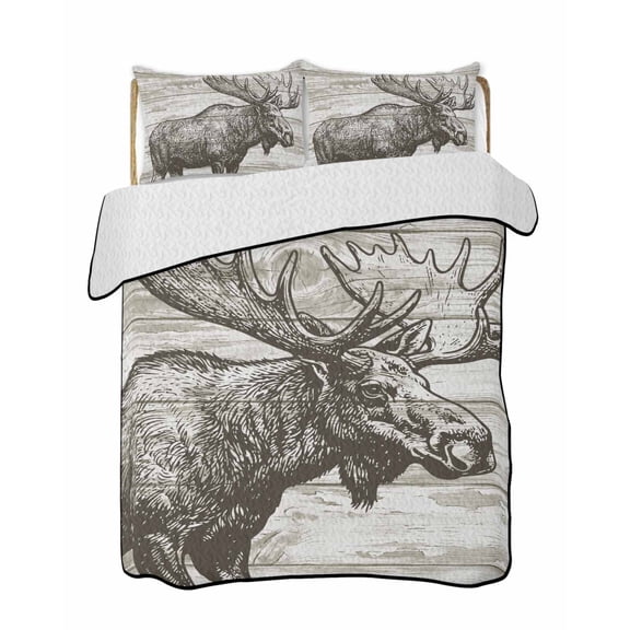 Twin Quilt Bedding Set, Retro Countryside Elk Reversible Summer Quilt 3 Pieces, Animal Vintage Wooden Grain Lightweight Bedspreads Coverlets with 2 Pillow Shams for All Seasons