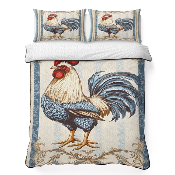 Twin Quilt Bedding Set Retro Farm Rooster Breathable Summer Cooling Blanket for Hot Sleepers, Blue Geometric Striped Lightweight Soft Bedding Set with 2 Pillow Shams for All Season