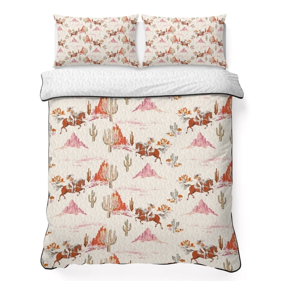 Twin Quilt Bedding Set, Retro Western Ethnic Cowboy Cactus Soft Microfiber Summer Bedspread Coverlet with 2 Pillow Shams for All Season, Cream Pink Desert Breathable Bedding Set for Hot Sleepers