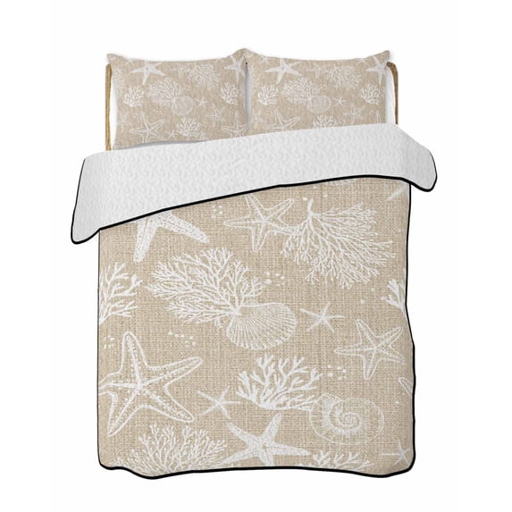 Twin Quilt Bedding Set, Rustic Coastal Reversible Summer Quilt 3 Pieces, Sea Nautical Summer Beach Starfish Coral Lightweight Bedspreads Coverlets with 2 Pillow Shams for All Seasons