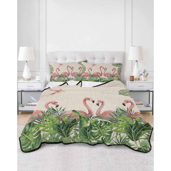 Twin Quilt Bedding Set Rustic Flamingo Bird Monstera Summer Quilt Lightweight Quilted Coverlet with 2 Pillow Shams, Watercolor Animal Plant on Linen 3-Piece Bedspread Quilt Set for All Season