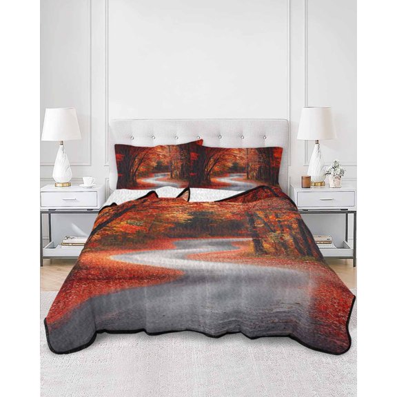 Twin Quilt Bedding Set Rustic Maple Leaf Tree Road Summer Quilt Lightweight Quilted Coverlet with 2 Pillow Shams, Watercolor Autumn Leaves 3-Piece Bedspread Quilt Set for All Season