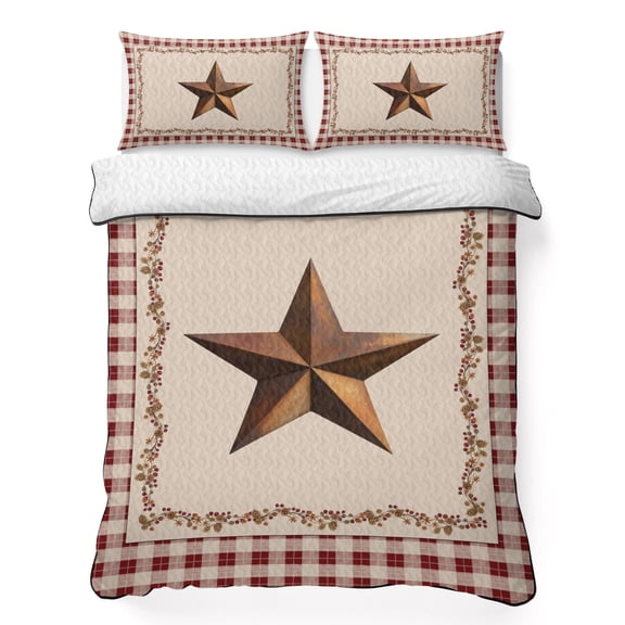 Twin Quilt Bedding Set, Rustic Western Star Berry Lace Soft Microfiber Summer Bedspread Coverlet with 2 Pillow Shams, Retro Bufflo Red Checkered Edge Breathable Bedding Set for Hot Sleepers