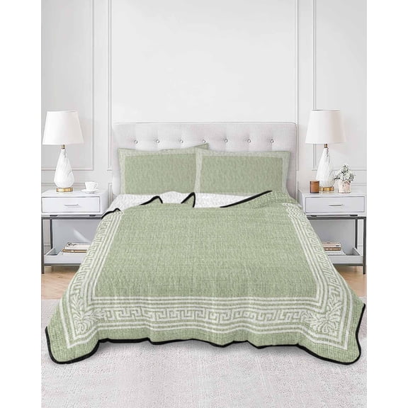 Twin Quilt Bedding Set Sage Green Linen Burlap Key Summer Quilt Lightweight Quilted Coverlet with 2 Pillow Shams, Abstract Greek Inspired Texture 3-Piece Bedspread Quilt Set for All Season