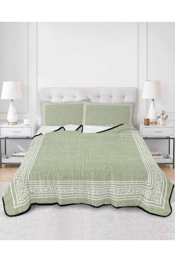 Twin Quilt Bedding Set Sage Green Linen Burlap Key Summer Quilt Lightweight Quilted Coverlet with 2 Pillow Shams, Abstract Greek Inspired Texture 3-Piece Bedspread Quilt Set for All Season