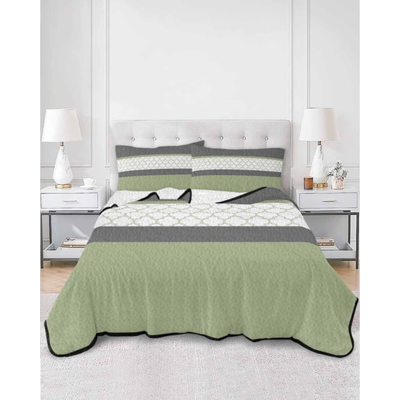 Twin Quilt Bedding Set Sage Green Morocco Pattern Summer Quilt Lightweight Quilted Coverlet with 2 Pillow Shams, Stitching Art 3-Piece Bedspread Quilt Set for All Season