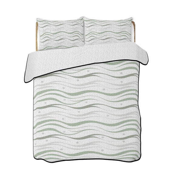 Twin Quilt Bedding Set, Sage Green Stripes Reversible Summer Quilt 3 Pieces, Modern Simple Gradient Waves Lines Lightweight Bedspreads Coverlets with 2 Pillow Shams for All Seasons