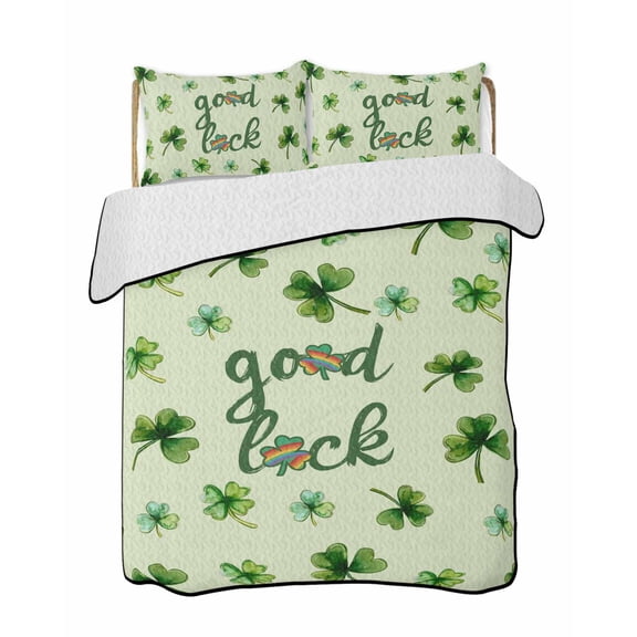 Twin Quilt Bedding Set, Saint Patrick's Day Reversible Summer Quilt 3 Pieces, Green Spring Botanical Clovers Leaf Lightweight Bedspreads Coverlets with 2 Pillow Shams for All Seasons