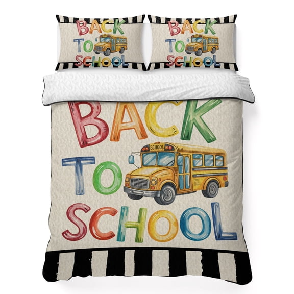 Twin Quilt Bedding Set, School Bus Black Stripe Burlap Soft Microfiber Summer Bedspread Coverlet with 2 Pillow Shams, Back to School Colorful Word Breathable Bedding Set for Hot Sleepers