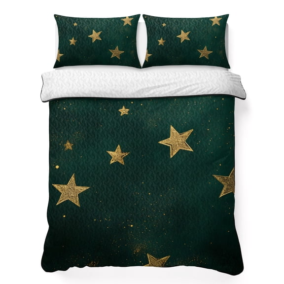 Twin Quilt Bedding Set, Seamless Gold Star on Hunter Green Soft Microfiber Summer Bedspread Coverlet with 2 Pillow Shams for All Season, Dream Starry Sky Breathable Bedding Set for Hot Sleepers
