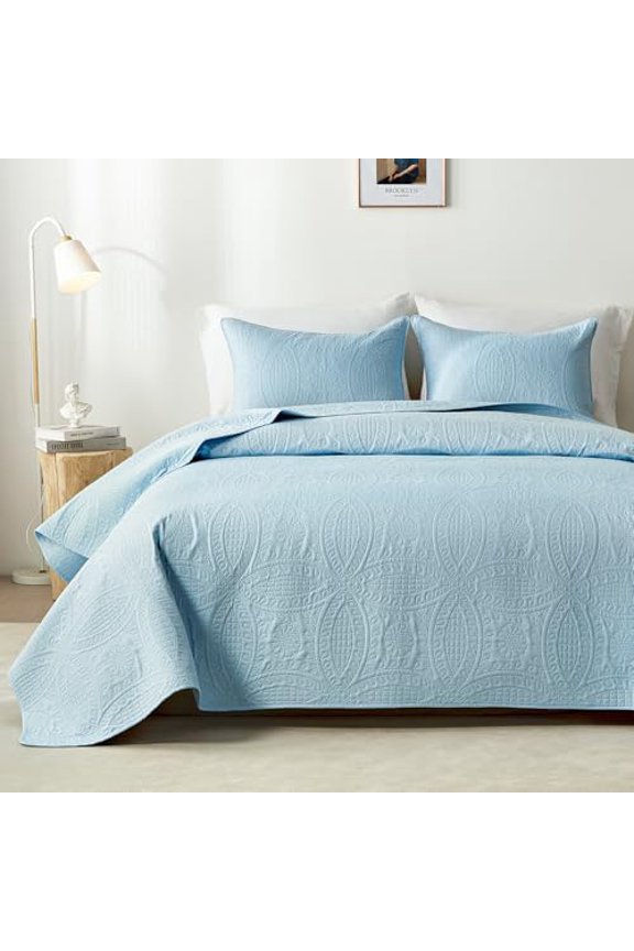 Twin Quilt Bedding Set,Sky Blue Ultrasonic Quilt Set,Lightweight Soft Bedspread Coverlet,Modern Style Coin Pattern Bed Cover for All Seasons,2 Piece(1 Quilt,1 Pillow Sham)