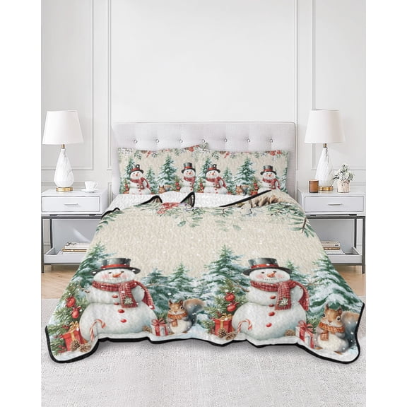 Twin Quilt Bedding Set Snowman Christmas Tree Berry Pinecone Summer Quilt Lightweight Quilted Coverlet with 2 Pillow Shams, White Snow Retro Linen 3-Piece Bedspread Quilt Set for All Season