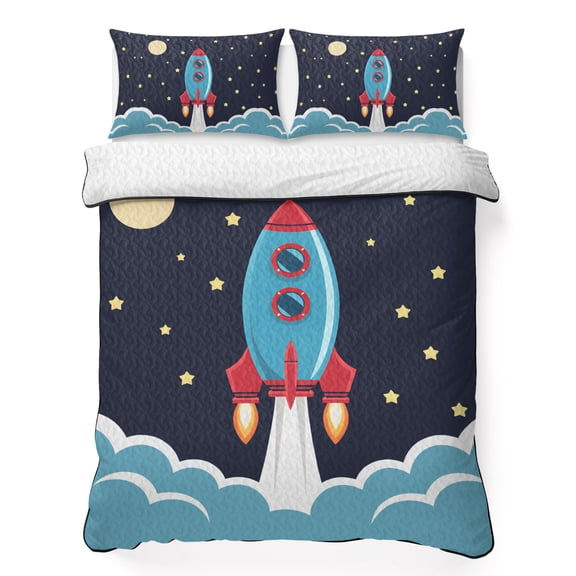 Twin Quilt Bedding Set, Space Rocket Moon Star Soft Microfiber Summer Bedspread Coverlet with 2 Pillow Shams for All Season, Cartoon Style Breathable Bedding Set for Hot Sleepers
