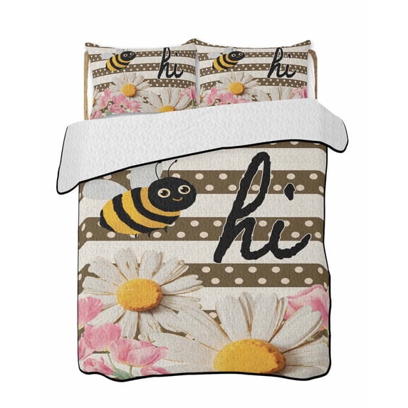 Twin Quilt Bedding Set, Spring Bees Daisy Reversible Summer Quilt 3 Pieces, Rustic Tulips Dots Brown Striped Burlap Lightweight Bedspreads Coverlets with 2 Pillow Shams for All Seasons