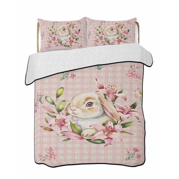 Twin Quilt Bedding Set, Spring Easter Bunny Reversible Summer Quilt 3 Pieces, Pink Buffalo Plaid Farmhouse Tulips Lightweight Bedspreads Coverlets with 2 Pillow Shams for All Seasons