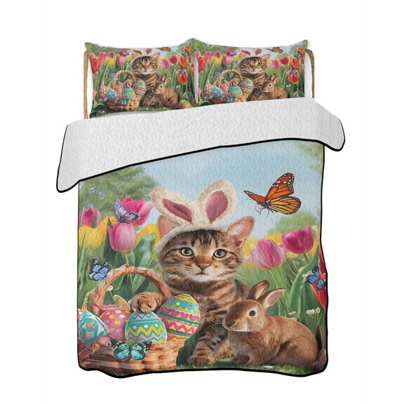 Twin Quilt Bedding Set, Spring Easter Reversible Summer Quilt 3 Pieces, Easter Eggs Cats Bunny Tulips Farmhouse Lightweight Bedspreads Coverlets with 2 Pillow Shams for All Seasons