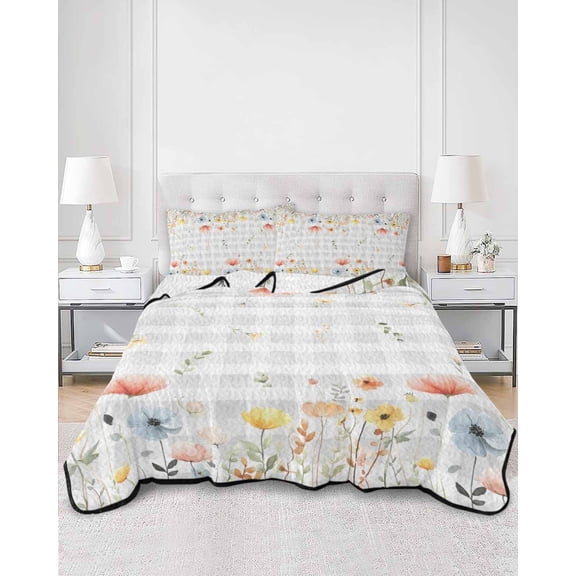 Twin Quilt Bedding Set Spring Floral Leaves Gray Gingham Summer Quilt Lightweight Quilted Coverlet with 2 Pillow Shams, Farm Flower Watercolor 3-Piece Bedspread Quilt Set for All Season