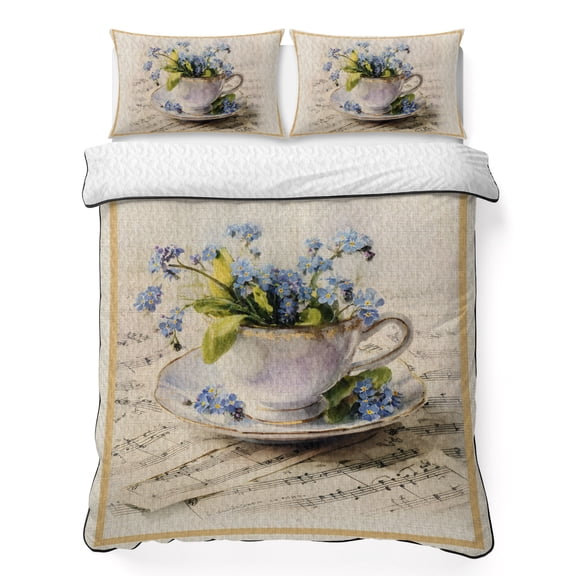 Twin Quilt Bedding Set Spring Flowers Tea Cup Musical Score Breathable Summer Cooling Blanket for Hot Sleepers, Farm Burlap Linen Lightweight Soft Bedding Set with 2 Pillow Shams for All Season