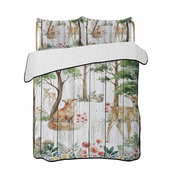 Twin Quilt Bedding Set, Spring Forest Animals Reversible Summer Quilt 3 Pieces, Floral Botanical Trees Grey Wooden Lightweight Bedspreads Coverlets with 2 Pillow Shams for All Seasons