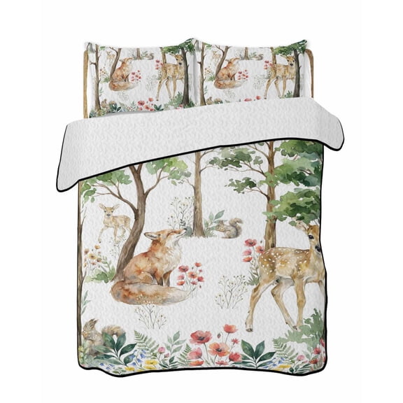 Twin Quilt Bedding Set, Spring Forest Animals Reversible Summer Quilt 3 Pieces, Floral Botanical Trees Lightweight Bedspreads Coverlets with 2 Pillow Shams for All Seasons