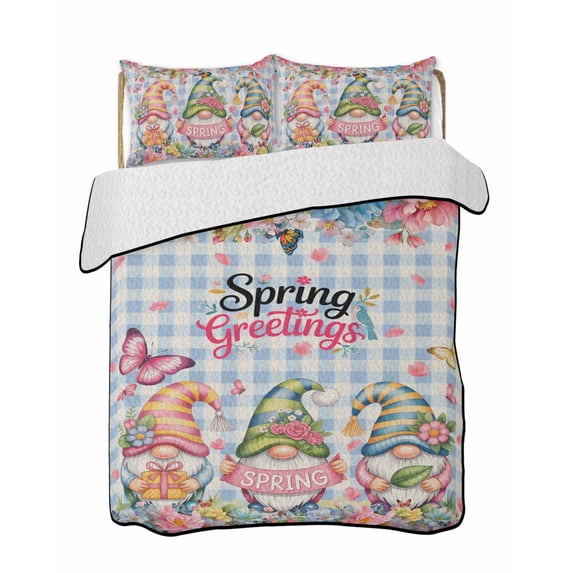 Twin Quilt Bedding Set, Spring Gnomes Reversible Summer Quilt 3 Pieces, Farmhhouse Floral Botanical Blue Plaid Lightweight Bedspreads Coverlets with 2 Pillow Shams for All Seasons