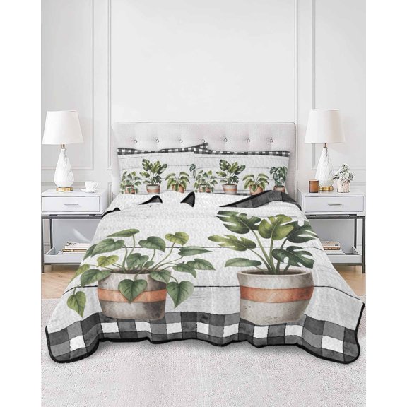 Twin Quilt Bedding Set Spring Green Leaves Pots on Wood Grain Summer Quilt Lightweight Quilted Coverlet with 2 Pillow Shams, Black Buffalo Plaid 3-Piece Bedspread Quilt Set for All Season