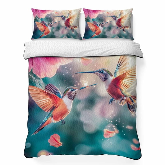Twin Quilt Bedding Set, Spring Hummingbird Pink Petals Flowers Soft Microfiber Summer Bedspread Coverlet with 2 Pillow Shams, Dreamlike Animal Focus Scenery Breathable Bedding Set for Hot Sleepers